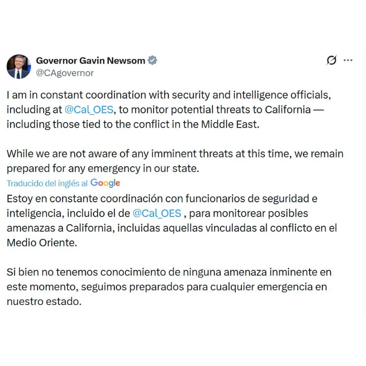 Captura de pantalla del trino del Gobernador de California sobre las amenazas